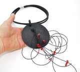Black disk necklace with coral nuggets