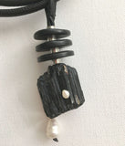 Elegant short contemporary necklace with black Tourmaline and white pearls