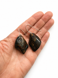 A pair of dark brown and black polished amber dangle earrings with gold flecks, hanging from silver fishhook wires, displayed on a person's open palm against a white background.