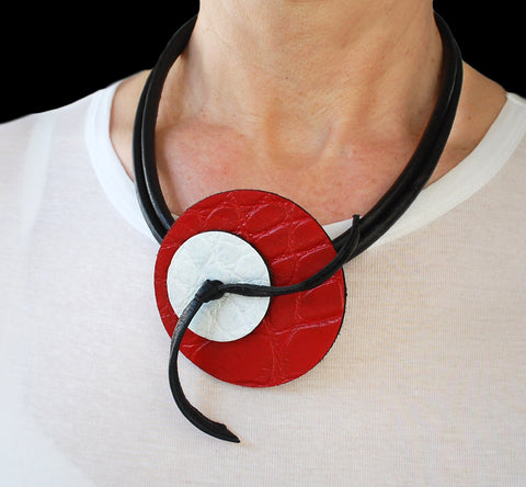 Asymmetrical red disk necklace
